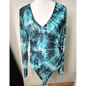 Socialite Womens XL Bodysuit‎ Blouse Top V Neck Mesh Tie dye A3